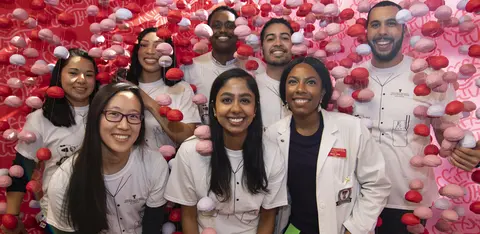 TTUHSC students and a faculty member pose together among hanging red, pink and white model brains.