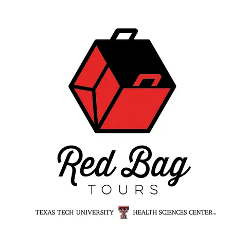 alt  Texas Tech’s Raider Red mascot poses with two students in red scrubs outside a campus building.   Red Bag Tours logo for Texas Tech University Health Sciences Center.