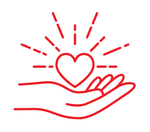 Red line icon of an open hand holding a heart, with radiating lines surrounding the heart.