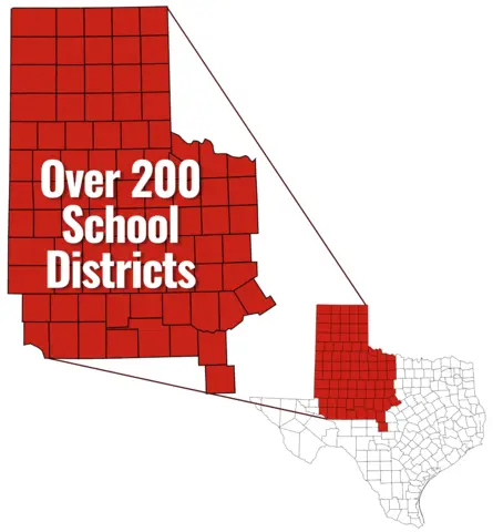 Texas map highlighting TTUHSC's West Texas service region, which spans more than 200 school districts across a large portion of the western half of the state.