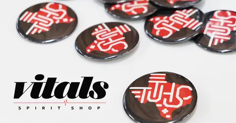 Vitals Spirit Shop logo beside buttons featuring the TTUHSC logo over an outline of Texas.