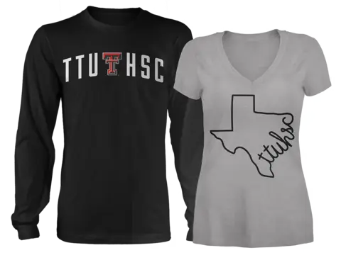 Black long-sleeve TTUHSC shirt and gray V-neck shirt featuring a Texas outline and TTUHSC lettering.