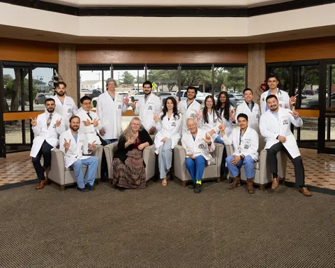 A group photo of general surgery residents and faculty members gathered in a spacious, sunlit lobby with large glass windows in the background.
