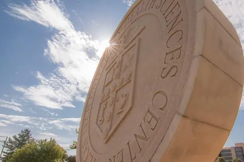 Image of the seal outside the Lubbock TTUHSC Campus on a sunny day with scattered clouds in the sky.