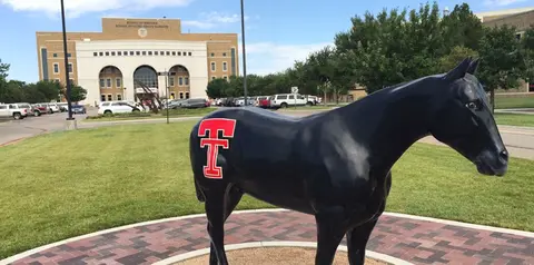 Image of the black and red Masked Rider statue outside the Amarillo TTUHSC Campus