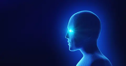 profile of artificial intelligence robot with glowing eyes