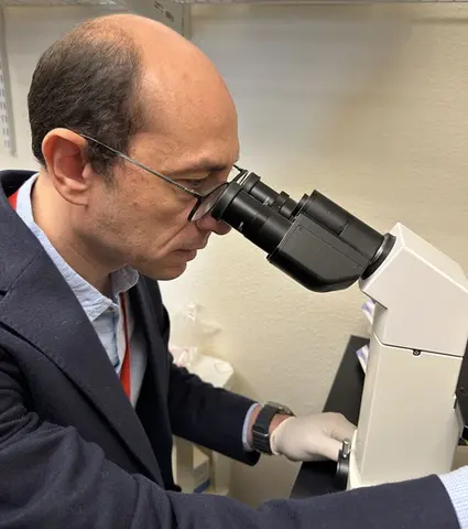 Mahmoud Salama Ahmed, Ph.D., looking through a microscope