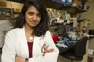 Nishtala, a fourth-year Ph.D. student, works alongside Michaela Jansen, Ph.D., in the Jansen Laboratory.