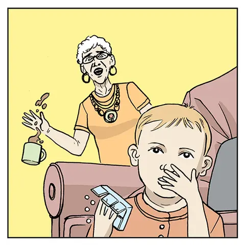 comic book style depiction of a child taking pills and a woman looking surprised