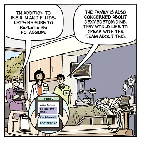 comic book style depiction of multiple disciplines working together in medicine 