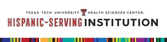 Texas Tech University Health Sciences Center Hispanic-Serving Institution official designation seal, featuring bold text and a vibrant multi-colored geometric pattern banner underneath.