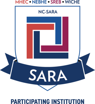 A circular emblem for NC-SARA featuring a stylized logo of blue and red overlapping geometric ribbons forming a square in the center. The text "NC-SARA" sits above the ribbon logo, and a large blue banner beneath it displays the word "SARA" in bold white letters. Arching over the top of the logo are the acronyms "MHEC • NEBHE • SREB • WICHE", and the words "PARTICIPATING INSTITUTION" are written along the bottom.
