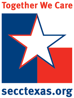State Employee Charitable Campaign logo featuring a red, white, and blue Texas state outline with a white star in the center, alongside the text "Together We Care" and "secctexas.org".