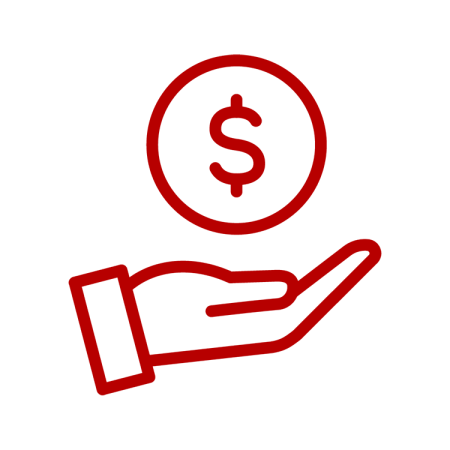 Flat icon featuring a stylized open hand holding a red coin with a dollar sign inside it, representing competitive pay or financial compensation.
