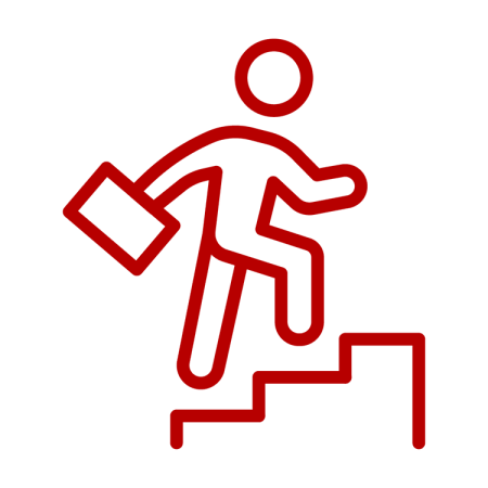 Red line icon of a person with a briefcase stepping up a set of stairs, symbolizing professional growth or career advancement in managed care.