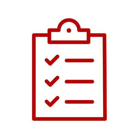 Red line icon of a clipboard featuring a checklist with three checked items.