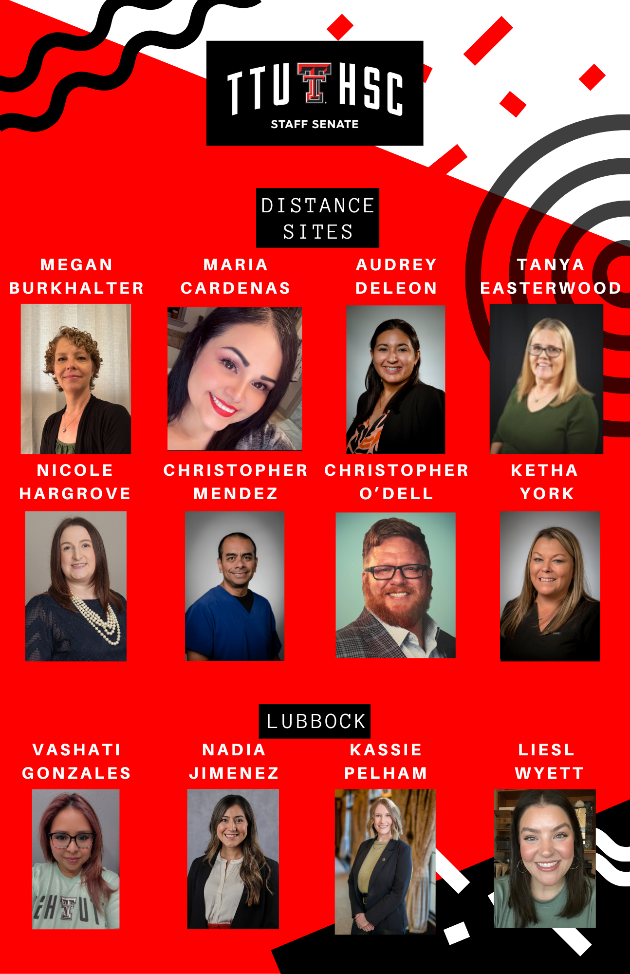 TTUHSC Staff Senate welcomes new senators from Distance Sites and Lubbock, featuring names and photos of each. TTUHSC Staff Senate welcomes new senators from Distance Sites and Lubbock, featuring names and photos of each.