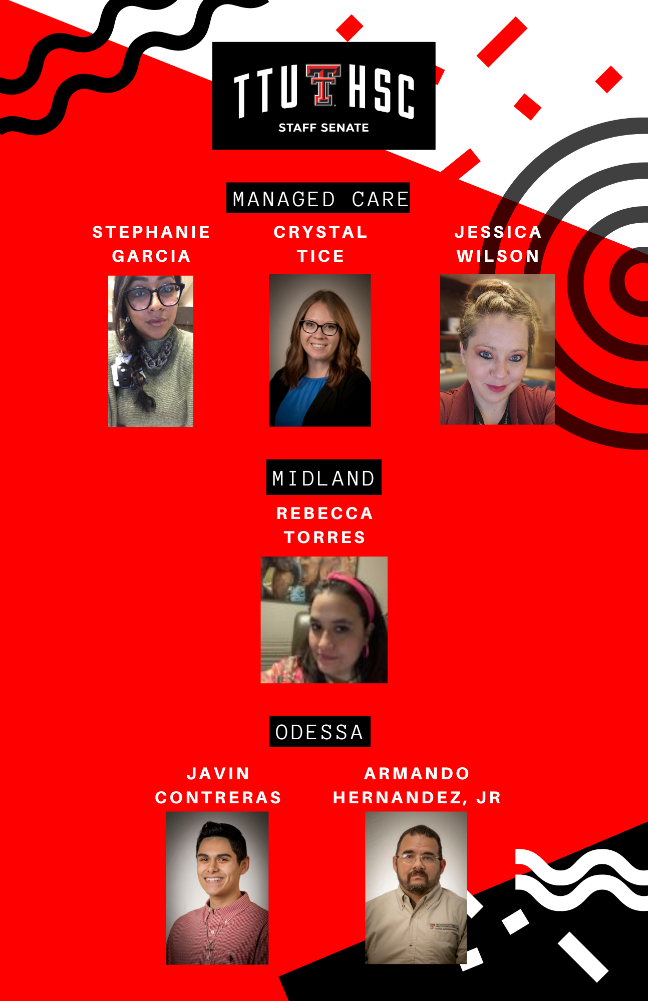 TTUHSC Staff Senate welcomes new senators from Managed Care, Midland, and Odessa, with names and photos of each. TTUHSC Staff Senate welcomes new senators from Managed Care, Midland, and Odessa, with names and photos of each.